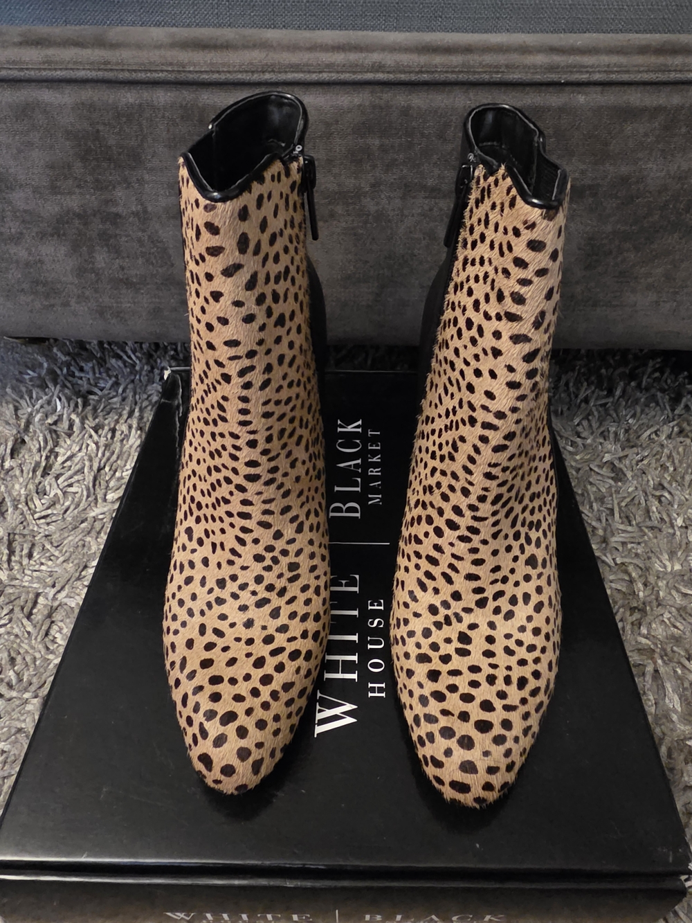 White House Black Market Leopard-Print Ankle Booties in Tan and Black